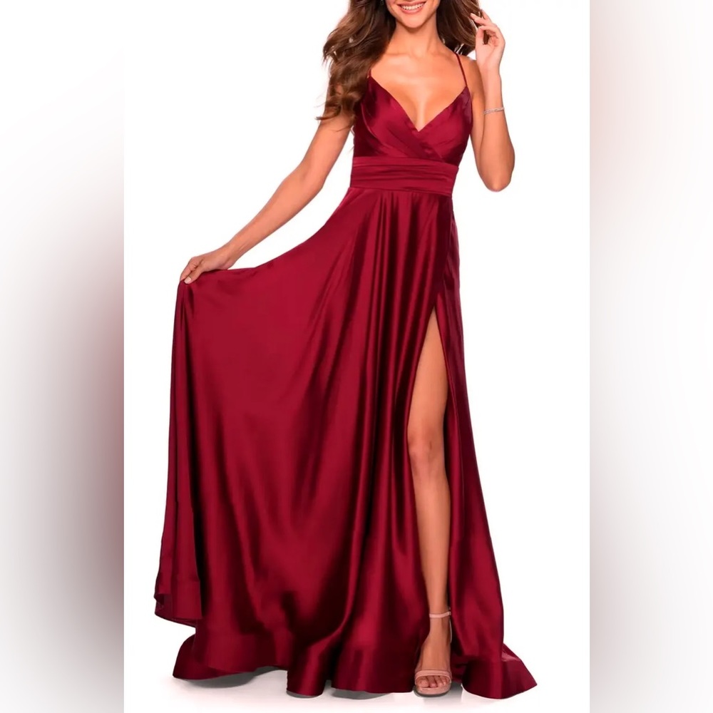La Femme Wine Red Satin Strappy Back Side Slit Satin Gown Formal Prom Dress